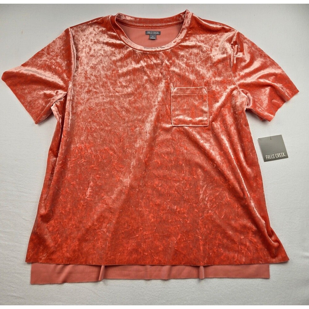 Falls Creek Womens XL Orange Crushed Velvet Pocket Tee NWT Raw Hem Stretch Top